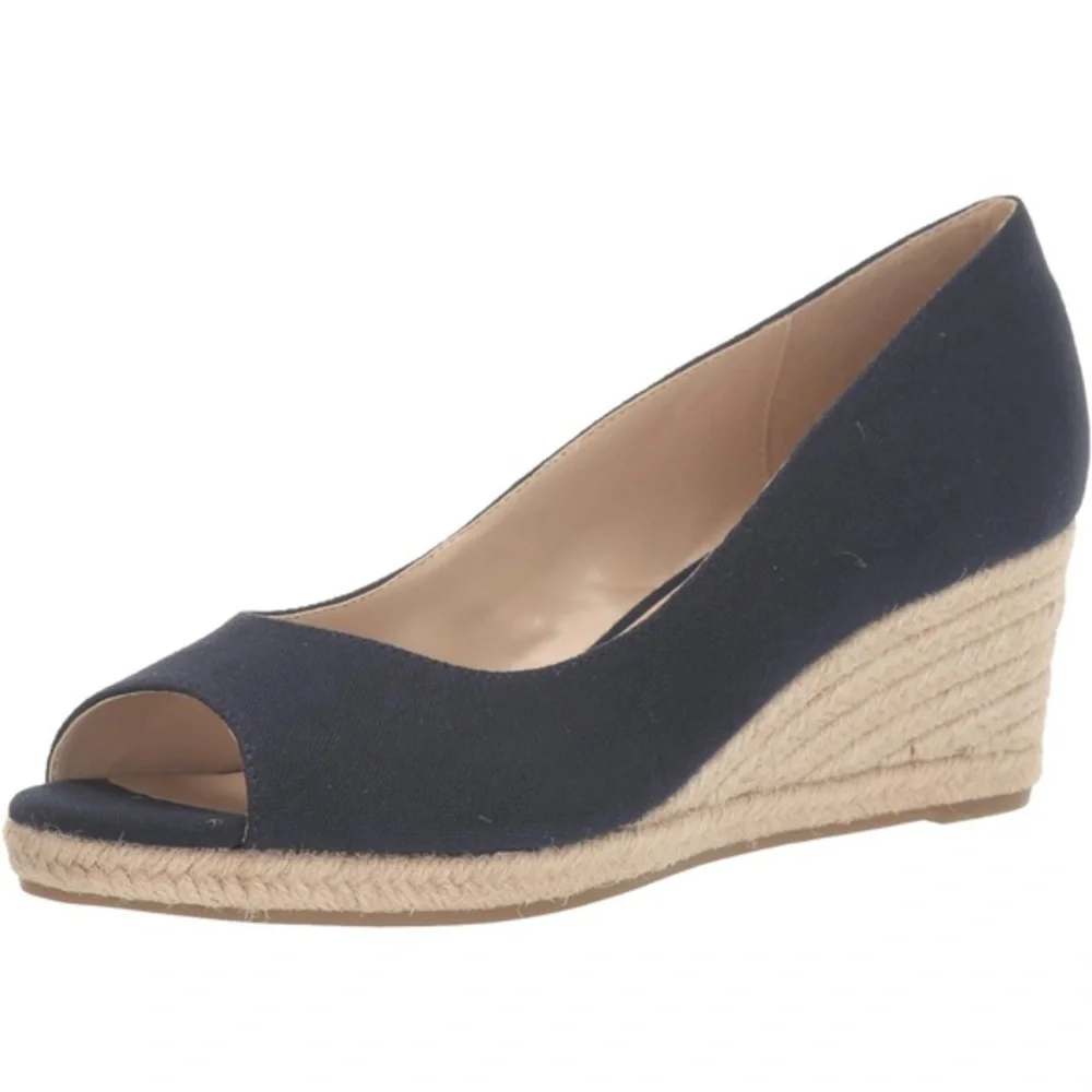 Bandolino Navy Blue Canvas Peep Toe Espadrille Wedge Sandals Womens Size 9